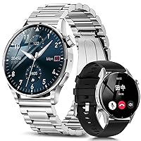 FOSMET QS39 Round Smartwatch, Men's, Compatible with iPhone, Android Compatible, Smart Watch, Bluetooth 5.3, Calling Function, 1.32 Inch, HD Touch Sapphire Glass, Titanium, IP67 Waterproof, Long