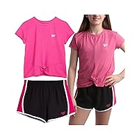 Reebok Girls' Shorts Set - 2 Piece Short Sleeve T-Shirt and Soft Woven Gym Shorts - Summer Athletic Set for Girls (7-12), Size 7, Neon Laser Pink