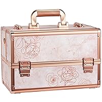 Makeup Train Case Professional - 13.5 Inch Portable Artist Lockable Aluminum Cosmetic Organizer Storage Box with 4 Fixed Dividers Trays 2 Locks and Shoulder Strap Rose Gold