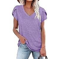 WNEEDU Womens T Shirts Petal Sleeve V Neck Casual Tees Summer Basic Tops