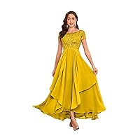 Tea Length Mother of The Bride Dresses for Wedding with Ruffle Lace Short Sleeve Chiffon Formal Evening Gown