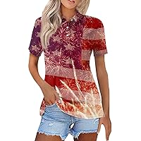 American Flag 4Th of July 2024 Women's Tops Dressy Star Stripes Button Down Lapel Neck Short Sleeve Polo Tee Outfit