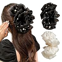 papasgix Chiffon Silk Hair Clips Large Silk Hair Claw Clips Plastic Hair Claw Clips Fabric Floral Bows Hair Accessories for Women Girls (B-Pearl-Black+White)