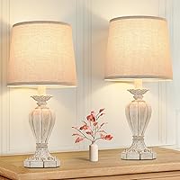 Table Lamps for Bedrooms Set of 2, Farmhouse Table Lamps with Cream Fabric Shade, Traditional Carved Floral Resin Bedside Table Lamps for Living Room, Vintage Night Light for Side Nightstand Office