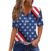 American Flag T Shirt Women USA Star Stripes Fourth July Tee Shirts Casual Short Sleeve Henley V Neck Patriotic Tee Tops
