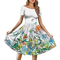 Short Sleeve Midi Dress for Women Trendy Plus Size Ruched Flowy Knee Length Dress Casual Elegant Cute Floral Dress