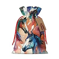 Augenstern Christmas Burlap Gift Bag With Drawstring Watercolor-Horse-Colorful Reusable Gift Wrapping Bag Xmas Holiday Party Favors Bag Medium