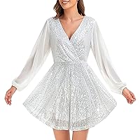 Trendy Summer Dresses,Women's Sequin Loose Fitting Dress Party Long Sleeved Casual Loose Mini Short Dress Cut O