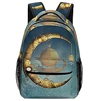 Steampunk Gold Moon and Vessel Travel Laptop Backpack Casual Hiking Backpack with Mesh Side Pockets for Business Work