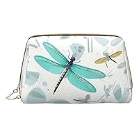 Green Dragonfly Print Leather Clutch Zipper Cosmetic Bag, Travel Cosmetic Organizer, Leather Storage Cosmetic Bag