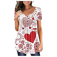 Women Blouses,Tunic Plus Size Short Sleeve Summer Shirt Love Printed Sexy Button V-Neck Blouse for Valentine's Day