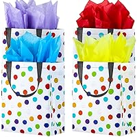 BLEWINDZ 16Pcs Reusable Gift Bags with Tissues - Medium Rainbow Polka Dot Party Favor Bags for Christmas, Birthday, Baby Shower, Grocery Shopping, Wedding (10