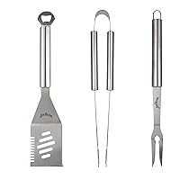 Jim Beam 3 Pack 3 Piece Stainless Steel Tool Set, Accessories, Outdoor Cooking, Camping and BBQ-Grilling Fork, Pair of Tongs and 5-in-1 Spatula with Bottle Opener, Large, Silver