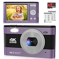 Digital Camera 4K 48MP Kids Camera with 2.8 inch IPS Screen, Portable Compact Point and Shoot Camera for Beginners,Students,Teens with 32GB Card and 2 Batteries (Purple)