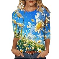 Flower Print Graphic T Shirts 3/4 Sleeve Tops for Women Fashion Crewneck Daily Shirt Loose Fit Plus Size Blouses