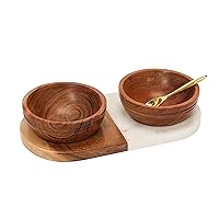 Creative Co-Op Creative Co-Op Acacia Wood and Marble Tray with 2 Acacia Wood Bowls & Brass Spoon, Set of 4 Pieces