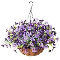 INQCMY Artificial Hanging Violet Flowers in Basket for Outdoors Spring Decor,Faux Silk Flower Arrangement,Artificial Coconut Lining Flowerpot Plant for Home Garden Decoration(Deep Purple)
