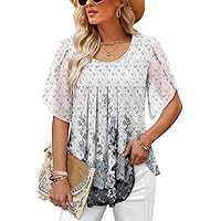 onlypuff Flutter Sleeve Tops for Women Chiffon Sheer Blouse Work Crew Neck Shirts for Women Dressy Casual Fall Tunics to Wear with Leggings Flowy Blouses for Women Fashion 2024 Grey Floral M