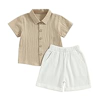Gueuusu Baby Boy Girl Summer Clothes Toddler Cotton Linen Short Sleeve Button Up Dress Shirt Pocket Shorts Set 2PCS Outfit