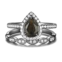 Pear Cut Natural Black Rutilated Quartz Engagement Ring Set for Women 10K 14K 18K Gold Art Deco Black Rutilated Quartz Ring Vintage Ring for Her