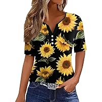 Womens Tops 2024 Trendy Henley V Neck Short Sleeve Summer Casual Tshirt Button Plus Size Blouse Fashion