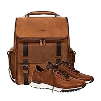 VELEZ 9.5 Mens Brown Business Casual Sneakers + Top Grain Leather Backpack for Men Brown Designer Bookbag Business Casual Shoulder Bag