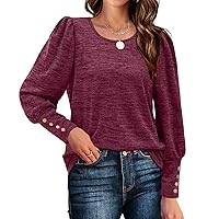 Bofell Womens Puff Sleeve Tops Fall Long Sleeve Tunic Tops Button Down Shirts Blouses