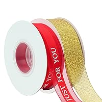 Just for You Gold Red Ribbon, Gold Ribbon for Gift Wrapping, Wedding Holiday Party Decoration, 1 Inch Easter Chiffon Ribbon, 22+25 Yards