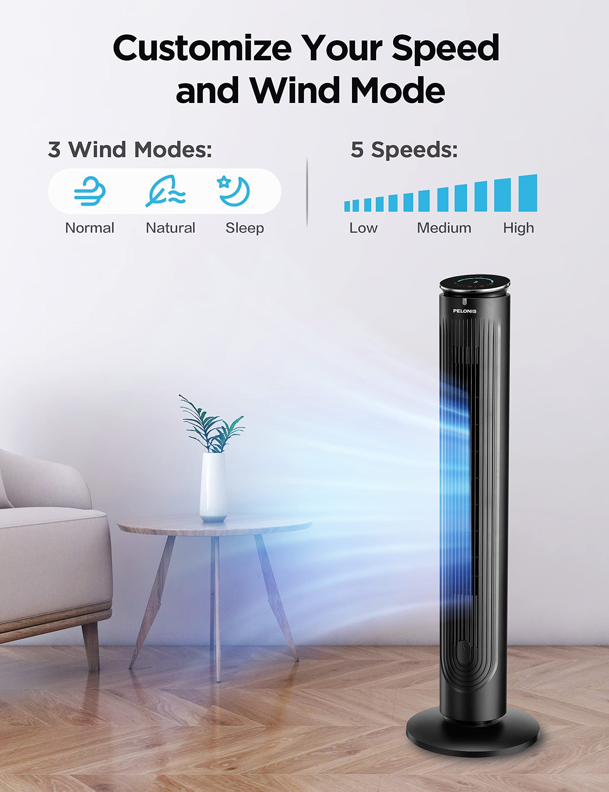 PELONIS 42’’ Oscillating Tower Fan with Aromatherapy Diffuser, Remote Control, 5 Speed Settings with 3 Modes LED Display for Bedroom Home Office Use, Black
