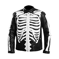 Halloween Cosplay - Mens Skeleton Bones Black Leather Jacket - Cafe Racer Biker Skull Motorcycle Jacket