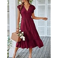 Summer Dresses for Women 2023 Flutter Sleeve Ruffle Hem Dress (Color : Burgundy, Size : Medium)