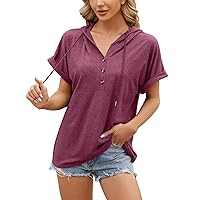 Women's 3/4 Sleeve Tops Summer Fashion Solid Color Loose Hooded Button Drawstring Short T-Shirt Top, S-2XL