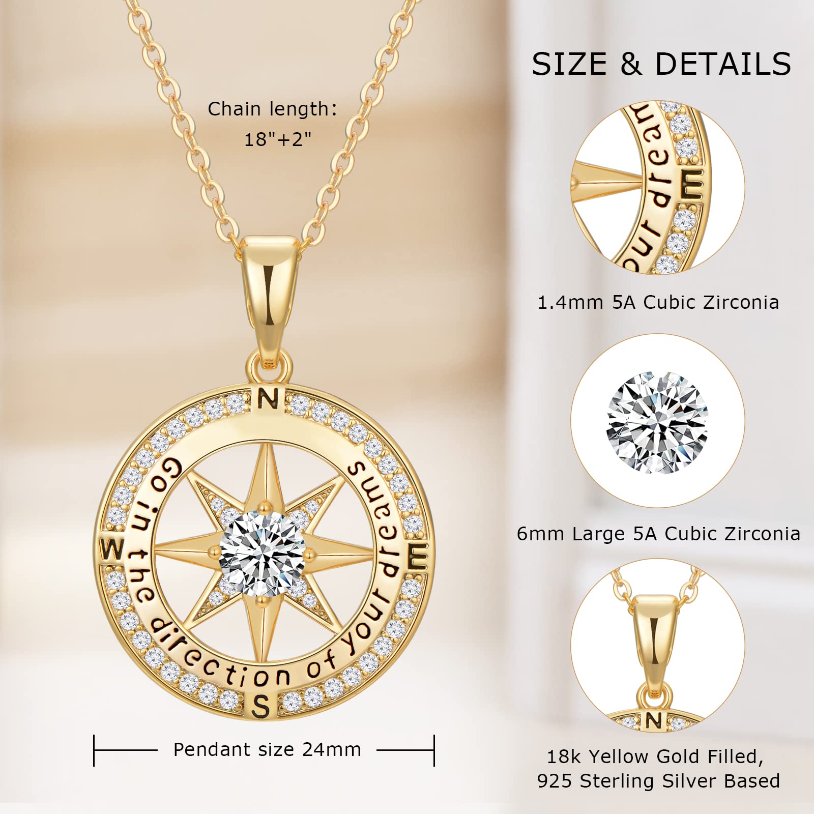 Graduation Gifts for Her 2023, Inspirational Graduates Compass Necklace for Women Girls Jewelry, Class of 2023 Senior High School College Graduation Gifts for Friends with Congrats Grad Box and Gift Card (18K Gold Filled 925 Sterling Silver necklace)