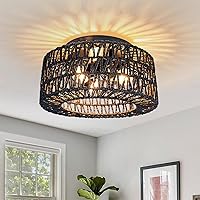 Rattan Light Fixtures Ceiling Mount, 3-Lights Boho Flush Mount Ceiling Light with Hand-Woven Cage Shade, Rustic Rattan Chandelier for Hallway Bedroom Kitchen Foyer Entryway (Black)