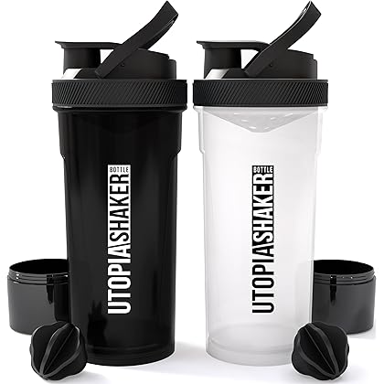 Utopia Home 2-Pack Shaker Bottle - 24 Ounce Protein Shaker Plastic Bottle for Pre & Post workout with Twist and Lock Protein Box Storage(All Black & Clear/Black)