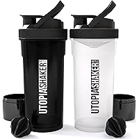 2-Pack Shaker Bottle - 24 Ounce Protein Shaker Plastic Bottle for Pre & Post workout with Twist and Lock Protein Box Storage(All Black & Clear/Black)