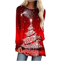 Womens Christmas Tunic Tops Xmas Tree Cute Graphic Tee Shirts 2024 Long Sleeve Blouse Flowy Casual Tunics for Legging
