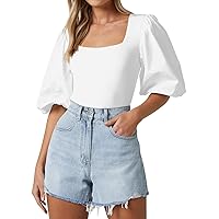 Women's Square Neck Puff Short Sleeve Tops Summer Dressy Casual Blouse T Shirts