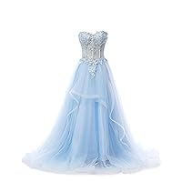 Women's Blue Lace Symmetrical Peplum Long Prom Dress