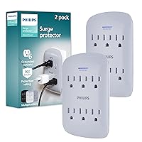 Philips 6-Outlet Extender Surge Protector, 900 Joules, 3-Prong, Space Saving Design, Protection Indicator LED Light, 2 Pack, Grey, SPP3466GR/37
