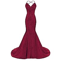 DYS Women's Sequins Mermaid Prom Dress Spaghetti Straps V Neck Backless Gowns Burgundy US 8