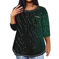 Womens Plus Size Tshirts Plus Size Tops for Women 2024 Sparkly Casual Fashion Loose Fit Trendy with 3/4 Length Sleeve Round Neck Shirts Green 3X-Large
