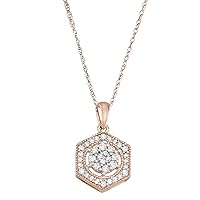 1/4 cttw White Diamond Hexagon shape Medallion Pendant Necklace crafted in 10KT Rose Gold Real Diamond Pendant for Women 18