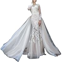 Changjie Women's Long Sleeves Lace Wedding Bridal Gown with Detachable OverSkirt