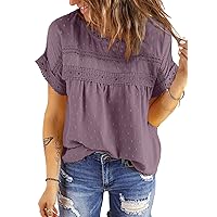 Dokotoo Womens Summer Tops Crewneck Lace Crochet Short Sleeve Shirts Casual Chiffon Blouses