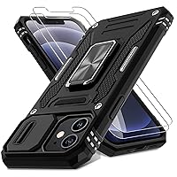 DEERLAMN for iPhone 12 Case,iPhone 12 Pro Case with Slide Camera Cover+Screen Protector(2 Packs),Rotated Ring Kickstand Military Grade Shockproof Protective Cover-Black