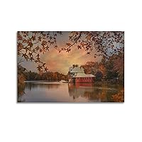 HDYDJS Red House on The River Bank Autumn Maple Tree Nature Landscape Poster Canvas Wall Art Prints for Wall Decor Room Decor Bedroom Decor Gifts 08x12inch(20x30cm) Unframe-style