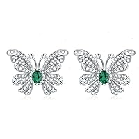 Lab Grown Emerald Earrings 925 Sterling Silver Butterfly Stud Earrings Oval Emerald Stud Earrings for Women