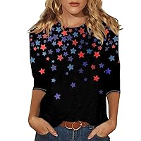 4th of July T-Shirts for Women Patriotic Shirts Women's Casual 3/4 Sleeve T-Shirts Round Neck Tops