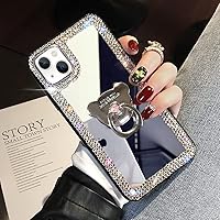 LUVI Compatible with iPhone 15 Plus Mirror Bling Case with Ring Cute Glitter Diamond Rhinestone Holder Loopy Finger Grip Kickstand Stand Luxury Fashion Cover for Women Girls Silver